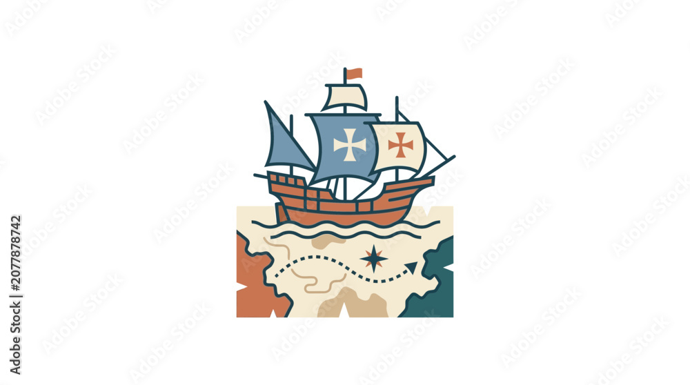 Εκτύπωση καμβά Vintage Caravel Ship Sailing Over Old Treasure Map Illustration