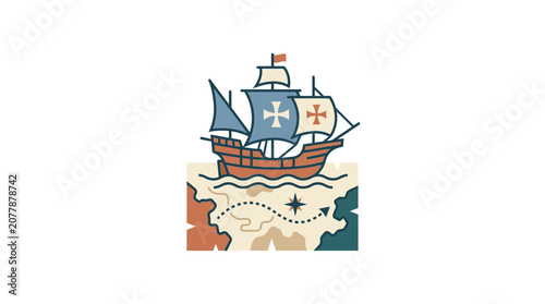 Slika na platnu Vintage Caravel Ship Sailing Over Old Treasure Map Illustration