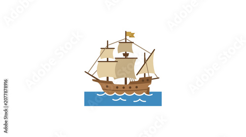Fotografi Vintage Sailing Ship on Blue Water Isolated