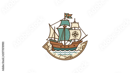Fotografija Vintage Sailing Ship on Map, Nautical Adventure Illustration