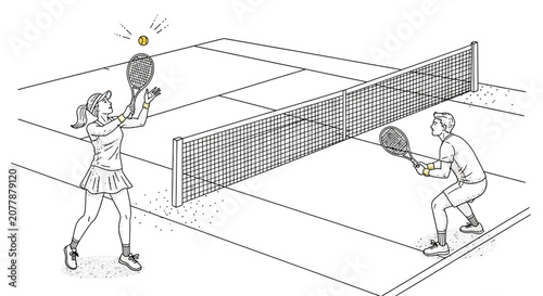 Two people playing a game of tennis on an outdoor court with a net