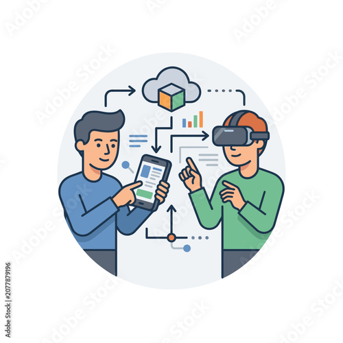 Two people using mobile and VR technology together.