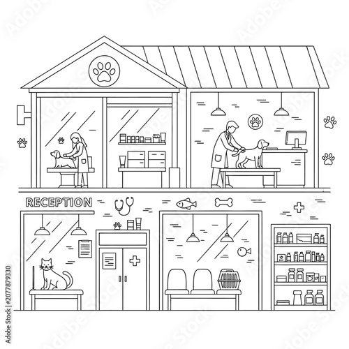 Veterinary clinic interior line art illustration.