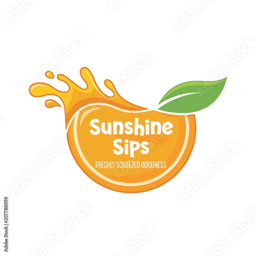 Vibrant Orange Juice Splash with Fresh Leaf Design.