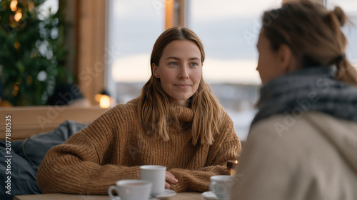 Sami woman sits opposite her estranged sister at a cafe table, one reaching her hand across, the other not yet ready to take it, apology and forgiveness in process, two cups of