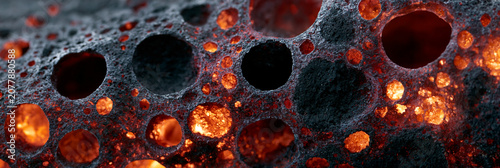 Close-up of volcanic rock with glowing orange lava, highlighting texture and color.