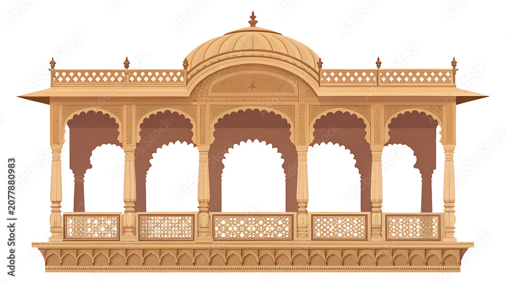 Fototapeta premium Royal sandstone balcony with three scalloped arches and ornamental cornice Indian architectural element flat vector illustration