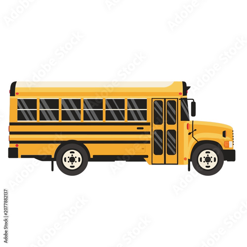 Yellow school bus side view on white background