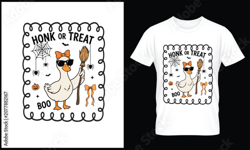 Halloween T-Shirt Honk or Treat Funny Goose Witch Design with Broom, Sunglasses, Spider Web and Spooky Halloween Elements Cute Autumn Graphic for Halloween Apparel