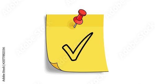 Yellow sticky note with hand drawn checkmark pinned by red pushpin on white background