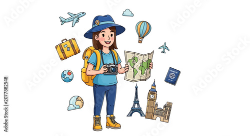 Young female traveler with camera and map exploring the world.