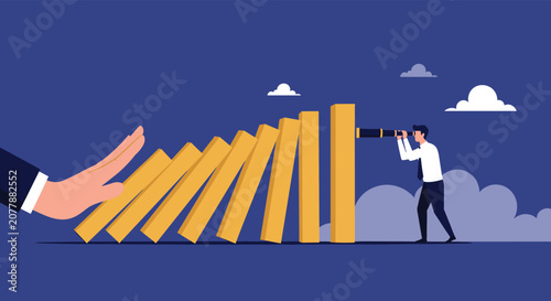 Businessman with binoculars watching a giant hand stopping falling dominoes, representing crisis management and strategic intervention.