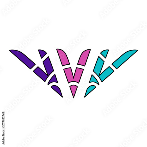 Abstract geometric wing shape element with colorful mosaic pattern isolated on white background
