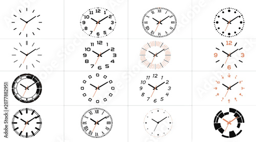 Konstfotografi Set of Twelve Analog Wall Clock Faces with Various Designs and Hour Marker Style