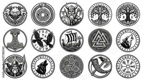 Viking Symbols and Norse Mythology Icons Set with Detailed Runes and Ancient Design Elements