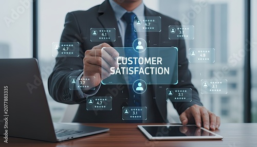 Businessman analyzing customer satisfaction ratings on a futuristic digital interface.