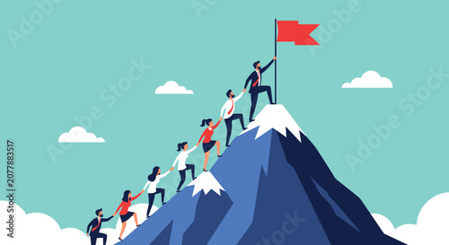 Team of diverse business people helping one another climb a steep mountain to reach the summit and plant a victory flag together.