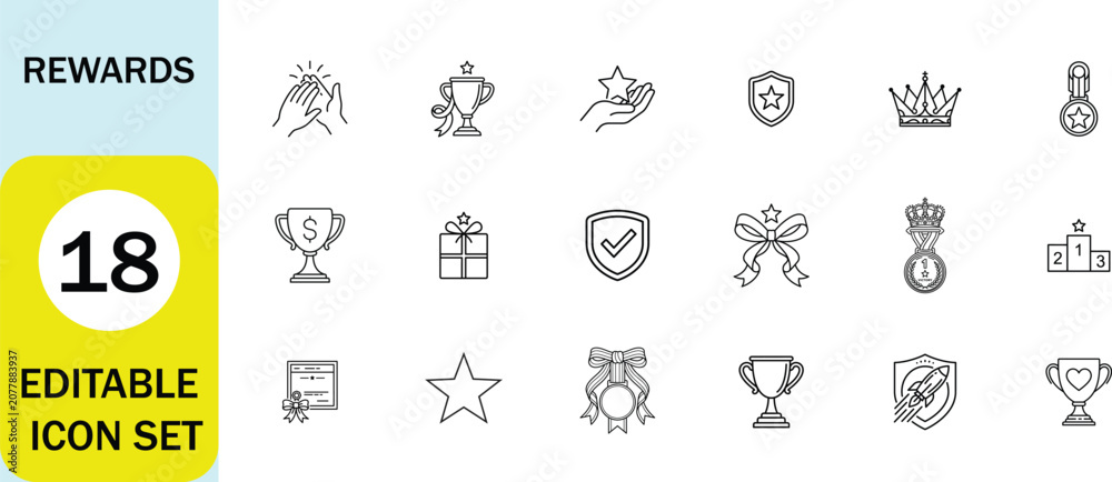 Fototapeta premium Rewards line icon set. Trophy, medal, crown, ribbon, certificate, gift, shield, star, podium, editable stroke. Vector illustration