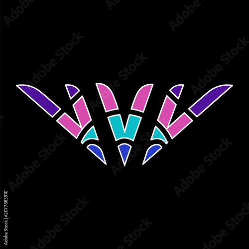 Abstract geometric wings logo icon with letter V elements in neon gradient colors on black background