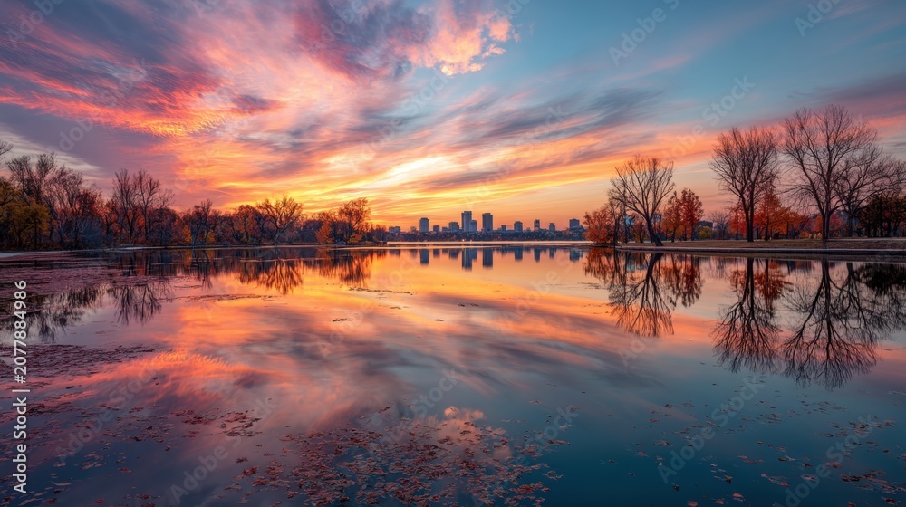 Obraz premium Colorful sunset over city skyline reflecting in calm water of lake. Beautiful autumn evening landscape with trees and urban buildings in distance. Scenic travel destination concept.