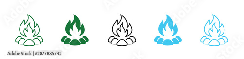 Photography Campfire icons in green, Black, And blue on white background vector illustratio