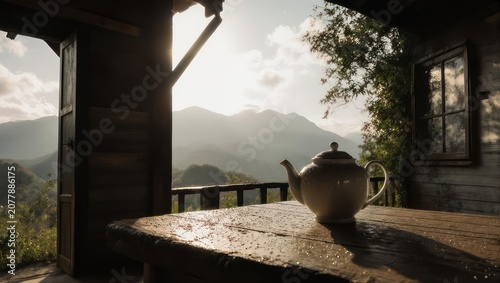 Sunlight streams into a wooden cabin, highlighting a teapot on a rustic table overlooking mountains
