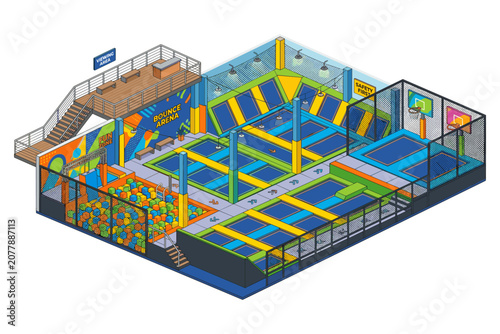 Isometric view of a vibrant indoor trampoline park with a foam pit and basketball hoops