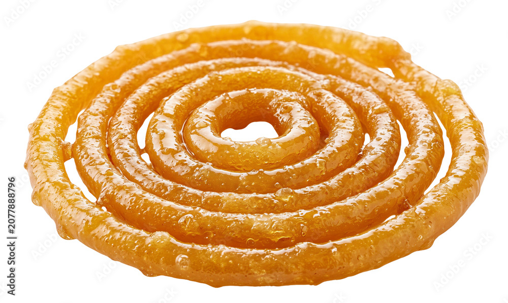 Fototapeta premium Jalebi on white background, spiral shaped Indian dessert