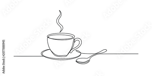 Photos Continuous single line drawing of a hot coffee cup with a saucer and spoon Vecto