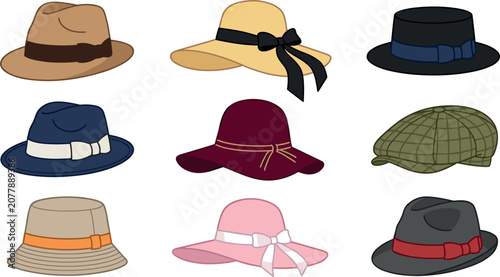Photos Fashion Men and Women Hat Vector Icon Set Featuring Straw Sunhat, Fedora, Flat C