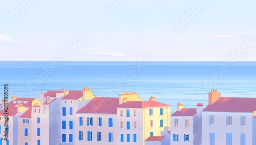 Coastal Town with Pastel Architecture and Ocean View, Hispanic Heritage Travel Background for Marketing