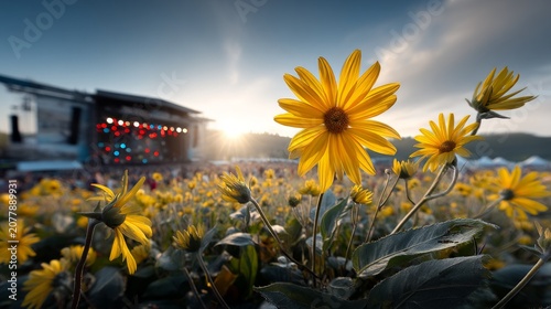 Miniature Festival in Sunflower Field at Sunset with Vibrant Colors