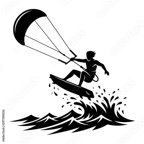 Foto Silhouette of a person kiteboarding on ocean waves with a large kite flying in t