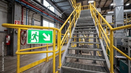 Industrial Staircase with Yellow Handrails and Green Emergency Exit Sign.