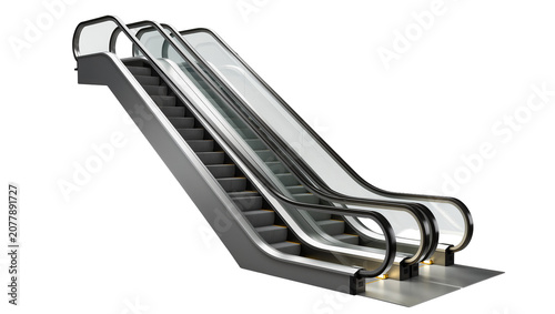 Modern metallic escalator with glass panels, isolated on transparent background