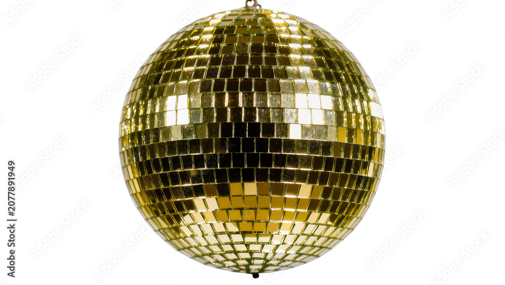 Fototapeta premium Golden disco ball with mirrored squares, isolated on transparent background