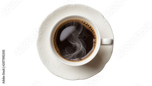 Fotografie Steaming hot black coffee in a white ceramic cup and saucer, isolated on transpa
