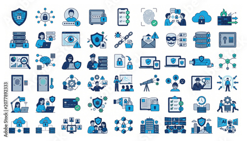 Cyber security and data protection flat vector icon collection for information safety with security protection internet encryption technology password authentication database firewall