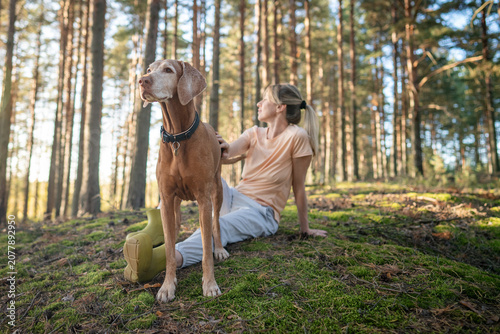 Картината върху платно Smiling woman hiker with dog taking break during walk in forest, sitting on ground observing nature, mindful tranquil female nature lover relaxing in woods, stress relief and mental health care