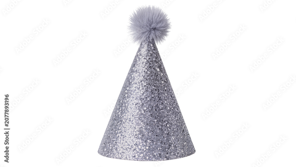 Fototapeta premium Sparkling silver party hat with fluffy pom-pom, isolated on transparent background