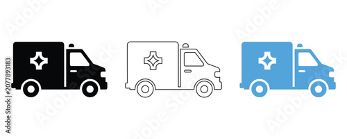 Ambulance vehicle icons in different colors and styles for medical transport