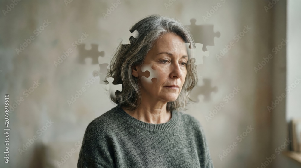 Fototapeta premium Mature woman with puzzle pieces floating around head. Mental health concept depicting cognitive decline, confusion, stress and brain health. Memory loss and alzheimer disease visual.