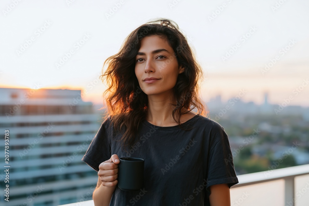 Fototapeta premium Young woman holding a coffee mug on a balcony at sunrise portrait for lifestyle background and morning routine banner design