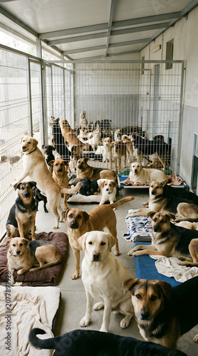 Diverse Group of Rescue Dogs Resting Comfortably Together Inside a Spacious Well Maintained Indoor Animal Shelter Facility