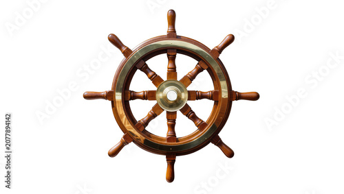 Fotografie Polished wooden ship s wheel with brass accents, isolated on transparent backgro