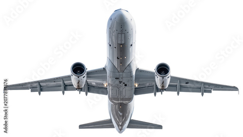 Fotografija Commercial airplane underside with dual engines, isolated on transparent backgro