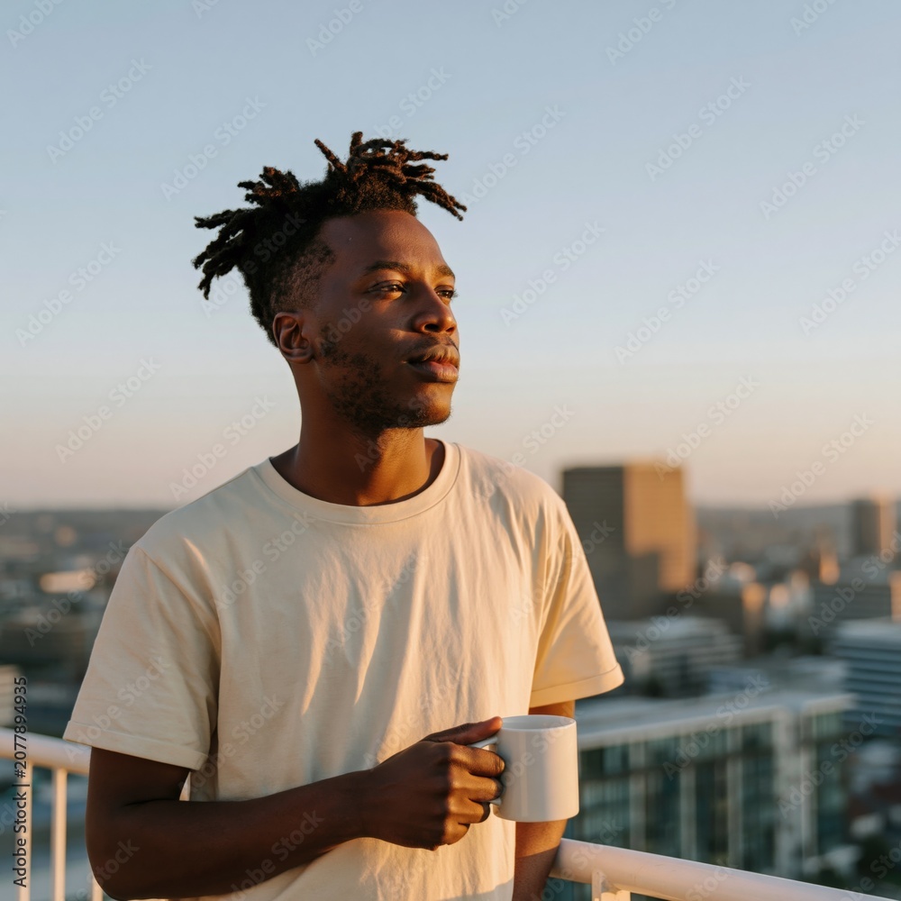Fototapeta premium Young man with coffee mug on rooftop balcony overlooking city skyline at sunrise background for lifestyle banner and calm morning design