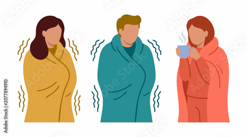 Фотография People shivering from cold and illness, seeking warmth with blankets and hot dri