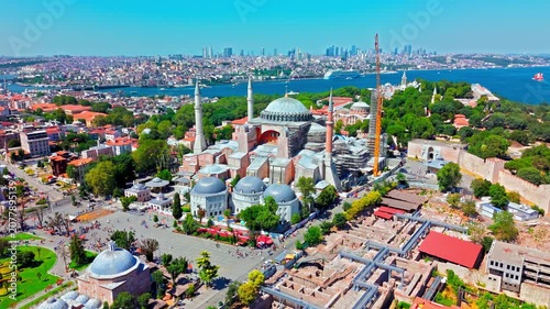 Drone view of Hagia Sophia Grand Mosque in Istanbul, Turkey. The famous landmark rises with domes and minarets in the heart of the Sultanahmet district.