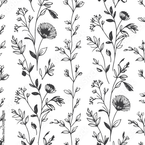 Tableau sur toile Minimal floral seamless pattern, bold black botanical line art, elegant wildflow